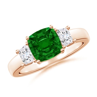 7mm AAAA Classic Cushion Emerald and Trapezoid Diamond Three Stone Engagement Ring in 18K Rose Gold