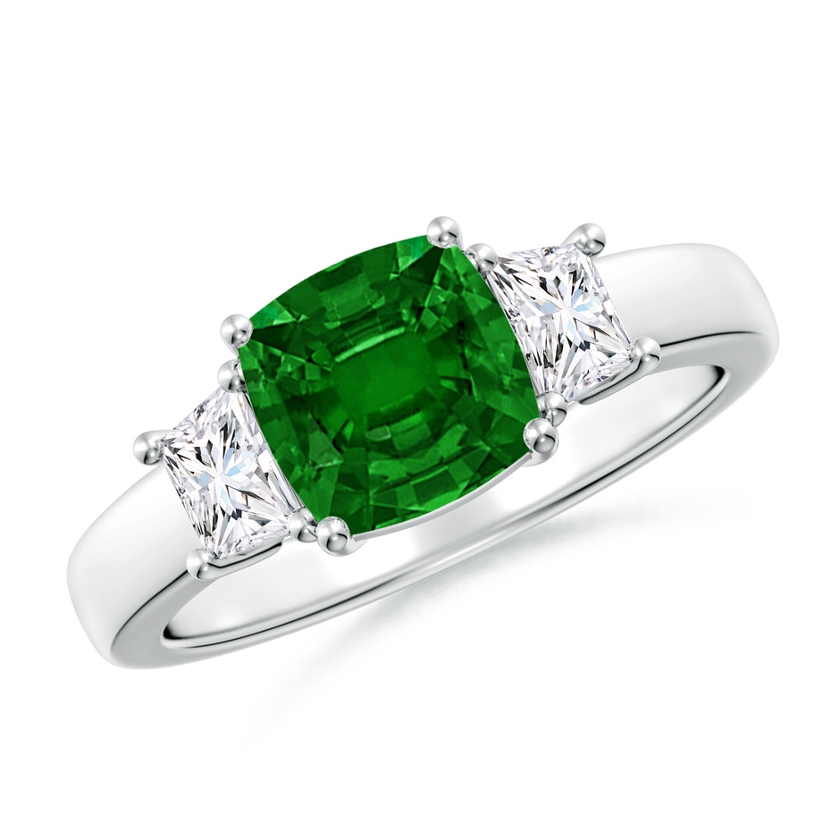 7mm AAAA Classic Cushion Emerald and Trapezoid Diamond Three Stone Engagement Ring in P950 Platinum 