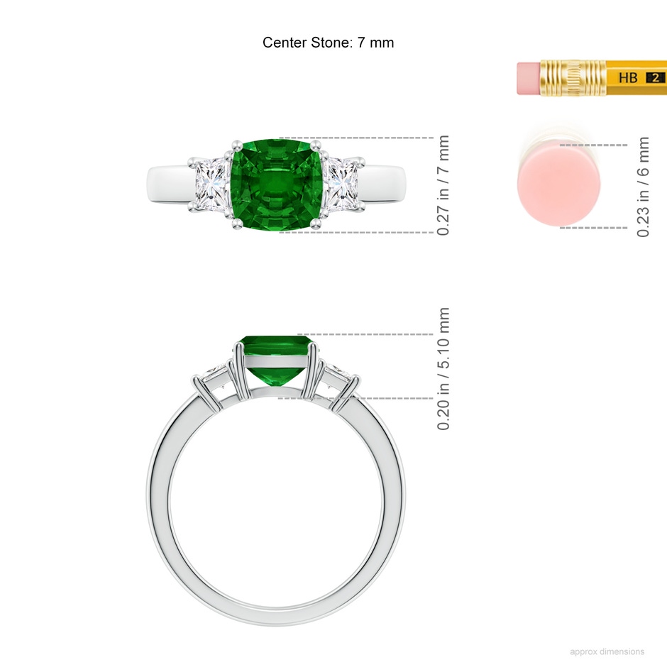 7mm AAAA Classic Cushion Emerald and Trapezoid Diamond Three Stone Engagement Ring in P950 Platinum ruler