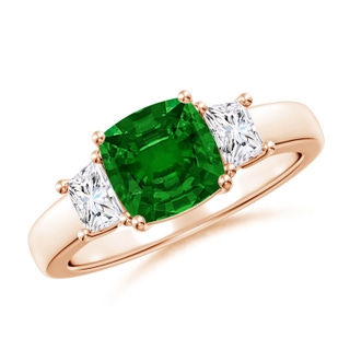 7mm AAAA Classic Cushion Emerald and Trapezoid Diamond Three Stone Engagement Ring in Rose Gold