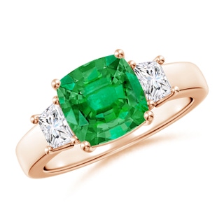 8mm AAA Classic Cushion Emerald and Trapezoid Diamond Three Stone Engagement Ring in 18K Rose Gold