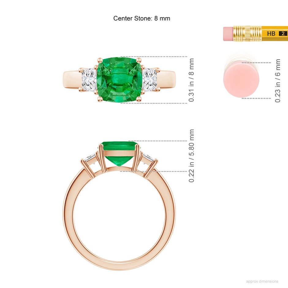 8mm AAA Classic Cushion Emerald and Trapezoid Diamond Three Stone Engagement Ring in 18K Rose Gold ruler