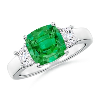 8mm AAA Classic Cushion Emerald and Trapezoid Diamond Three Stone Engagement Ring in P950 Platinum