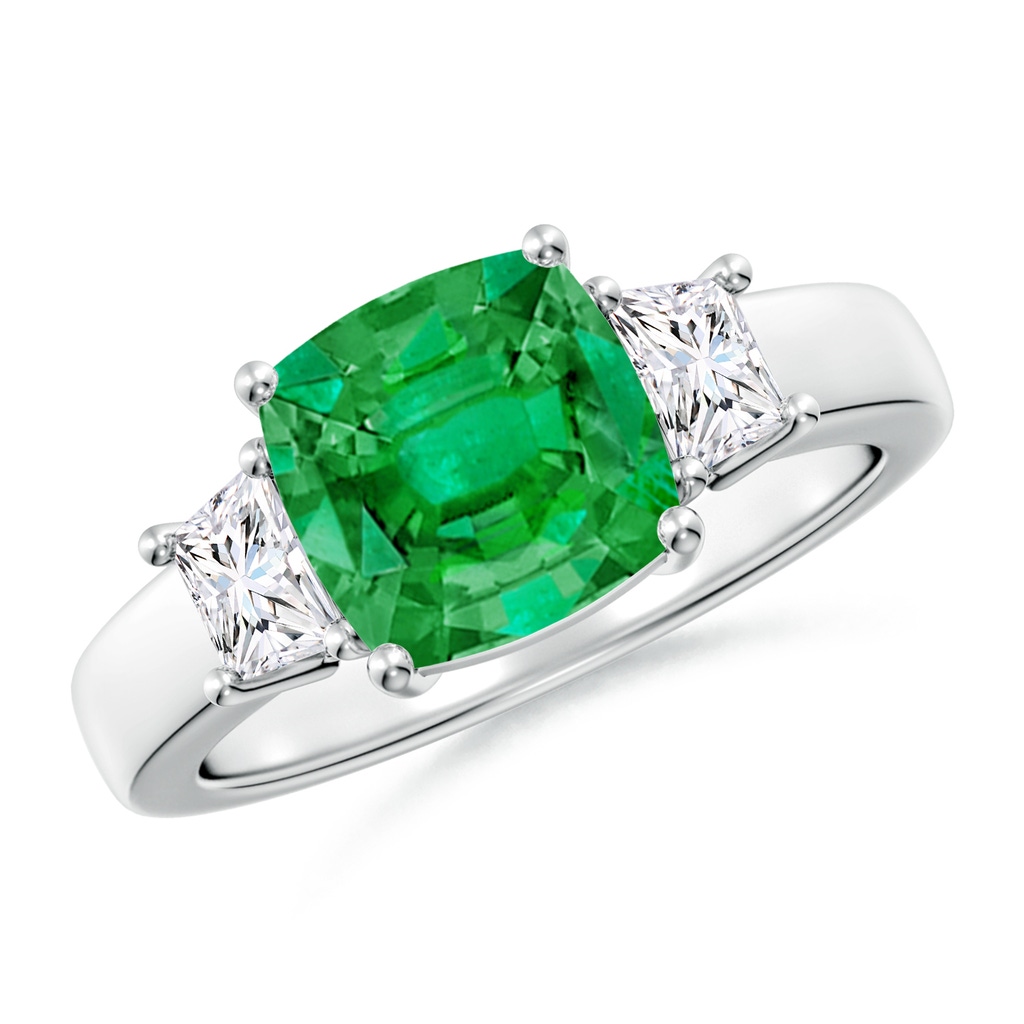 8mm AAA Classic Cushion Emerald and Trapezoid Diamond Three Stone Engagement Ring in White Gold
