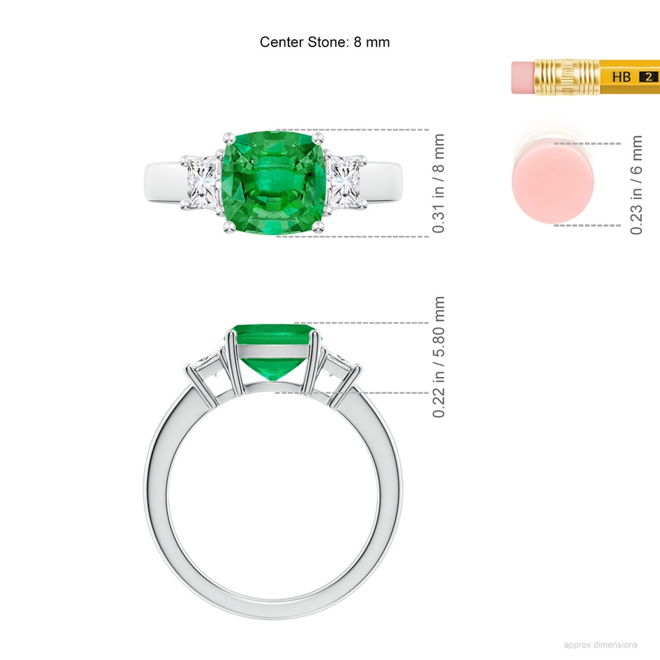 8mm AAA Classic Cushion Emerald and Trapezoid Diamond Three Stone Engagement Ring in White Gold ruler