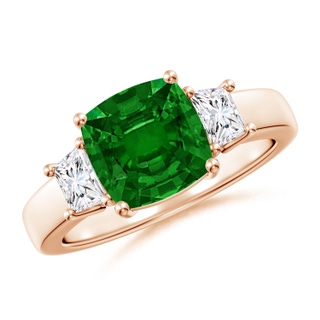 8mm AAAA Classic Cushion Emerald and Trapezoid Diamond Three Stone Engagement Ring in Rose Gold