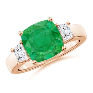 9mm AA Classic Cushion Emerald and Trapezoid Diamond Three Stone Engagement Ring in Rose Gold