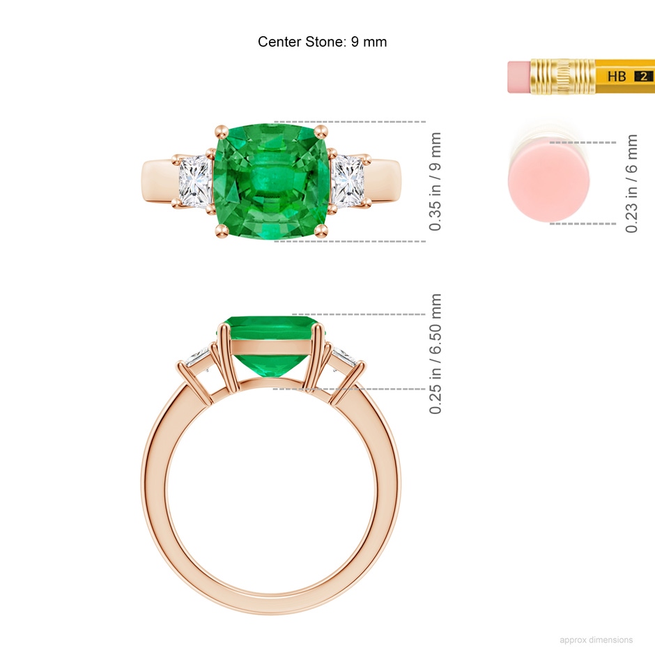 9mm AAA Classic Cushion Emerald and Trapezoid Diamond Three Stone Engagement Ring in 18K Rose Gold ruler