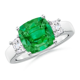 9mm AAA Classic Cushion Emerald and Trapezoid Diamond Three Stone Engagement Ring in P950 Platinum