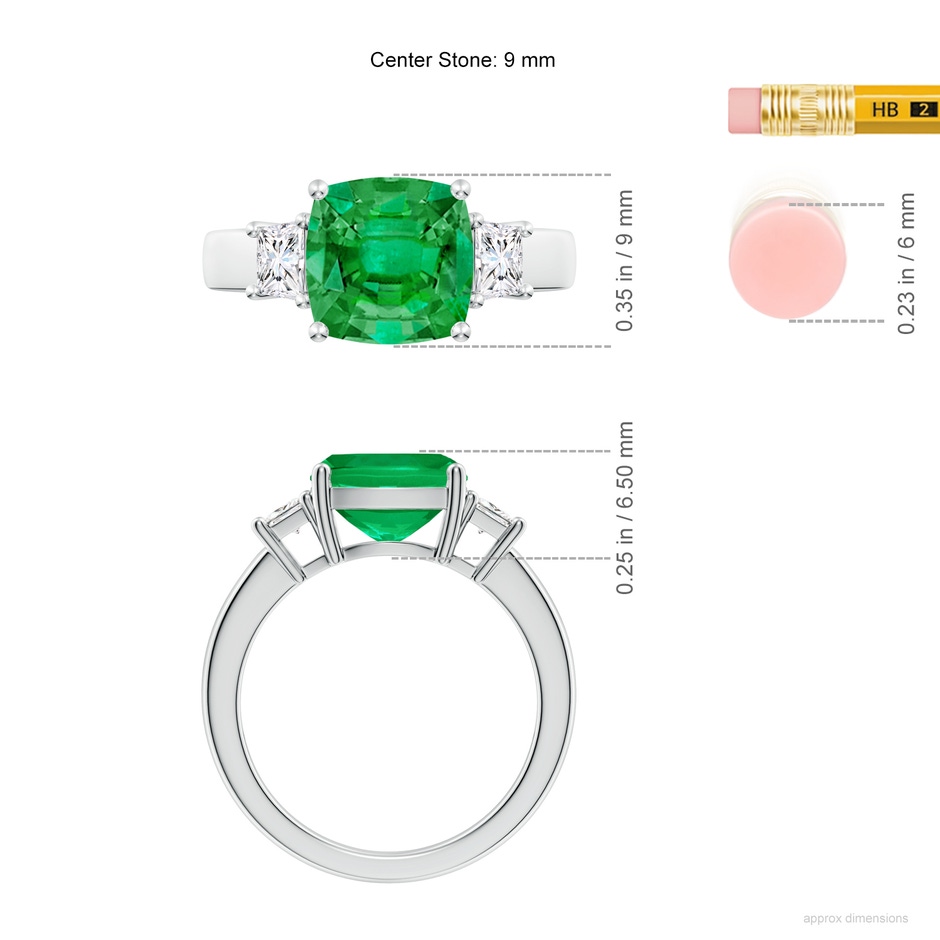 9mm AAA Classic Cushion Emerald and Trapezoid Diamond Three Stone Engagement Ring in P950 Platinum ruler