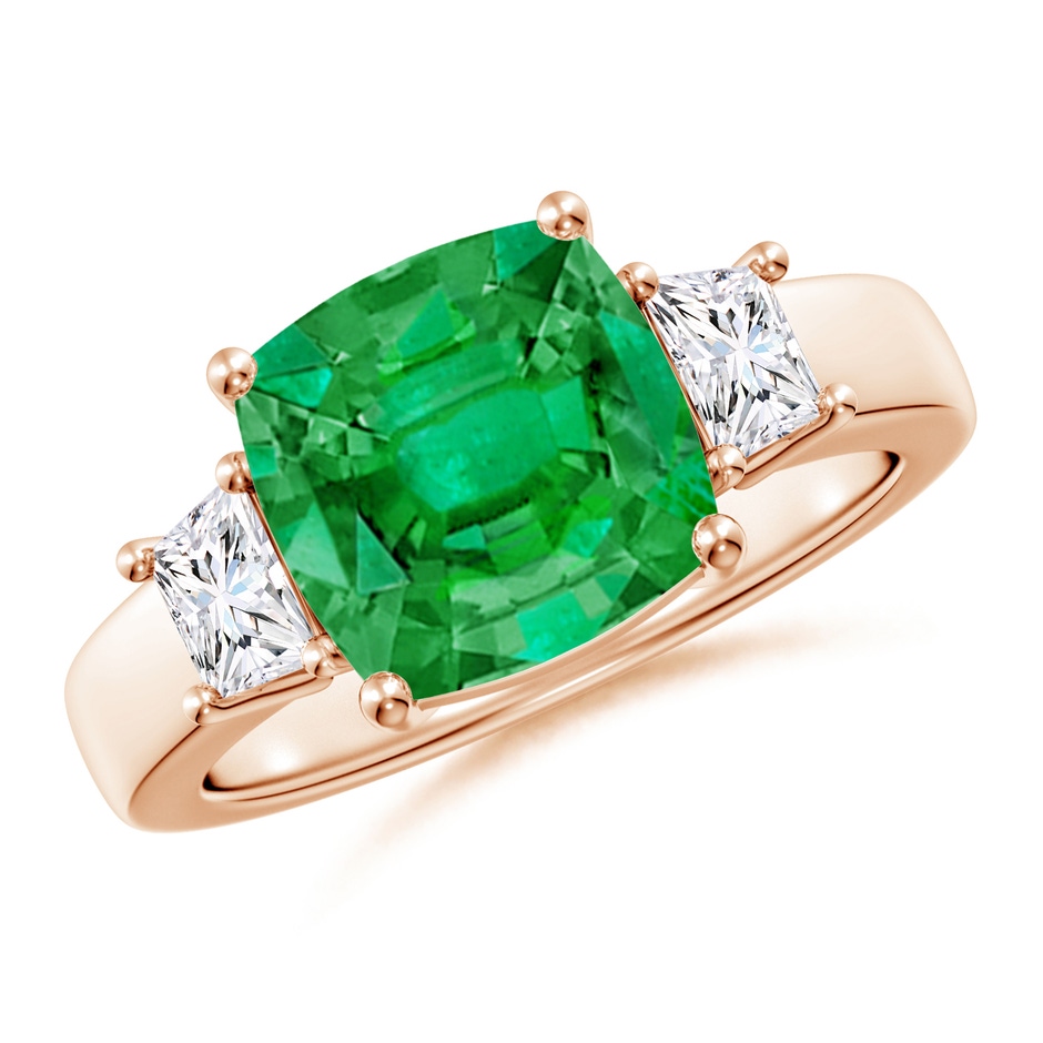 9mm AAA Classic Cushion Emerald and Trapezoid Diamond Three Stone Engagement Ring in Rose Gold 