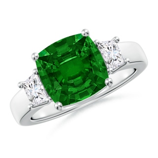 9mm AAAA Classic Cushion Emerald and Trapezoid Diamond Three Stone Engagement Ring in P950 Platinum