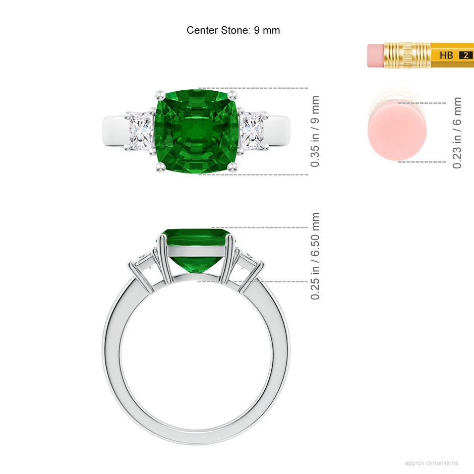 9mm AAAA Classic Cushion Emerald and Trapezoid Diamond Three Stone Engagement Ring in P950 Platinum ruler
