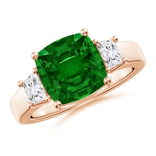 9mm AAAA Classic Cushion Emerald and Trapezoid Diamond Three Stone Engagement Ring in Rose Gold