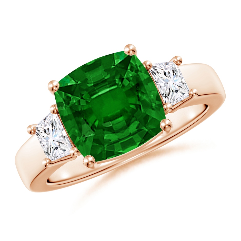 9mm AAAA Classic Cushion Emerald and Trapezoid Diamond Three Stone Engagement Ring in Rose Gold 