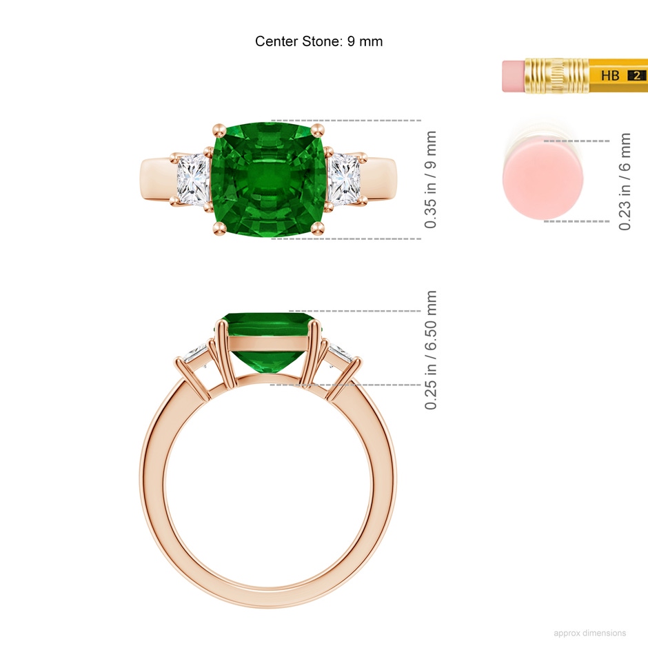 9mm AAAA Classic Cushion Emerald and Trapezoid Diamond Three Stone Engagement Ring in Rose Gold ruler