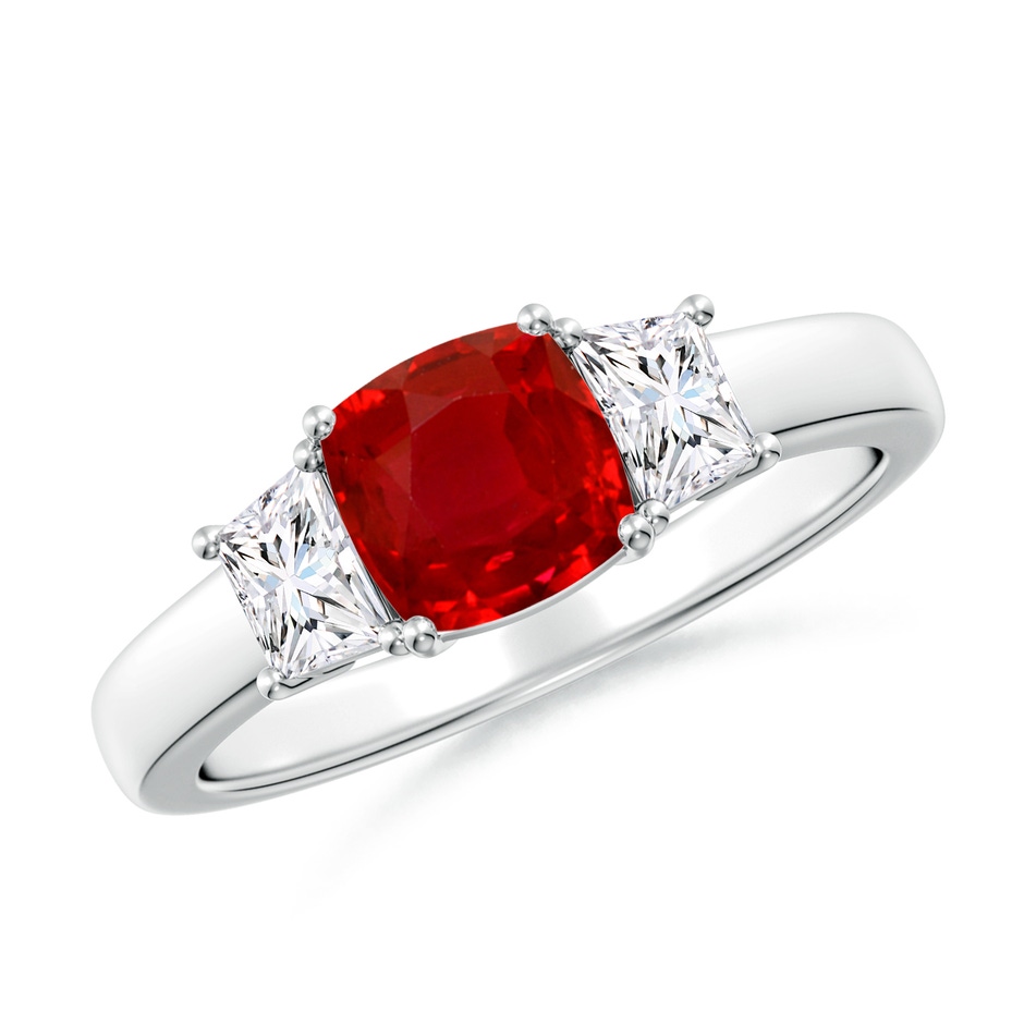 6mm AAA Classic Cushion Ruby and Trapezoid Diamond Three Stone Engagement Ring in White Gold 