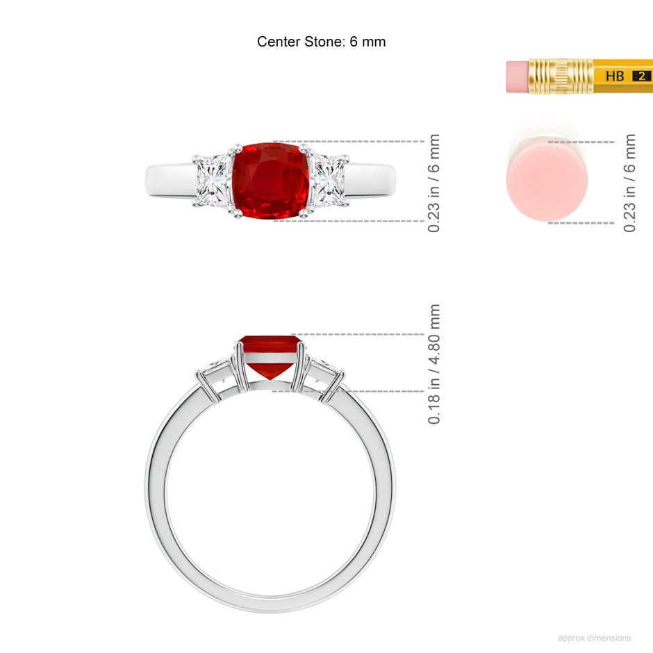 6mm AAA Classic Cushion Ruby and Trapezoid Diamond Three Stone Engagement Ring in White Gold ruler