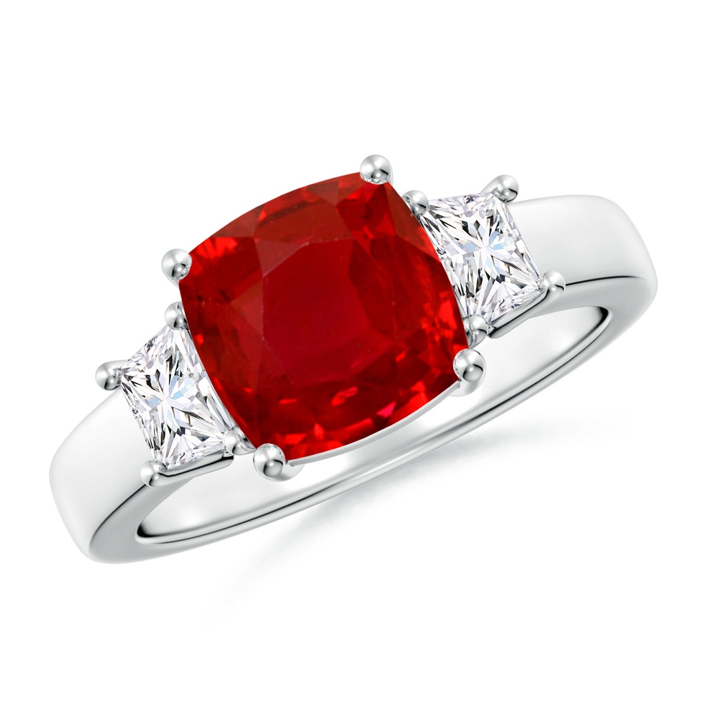 8mm AAA Classic Cushion Ruby and Trapezoid Diamond Three Stone Engagement Ring in White Gold