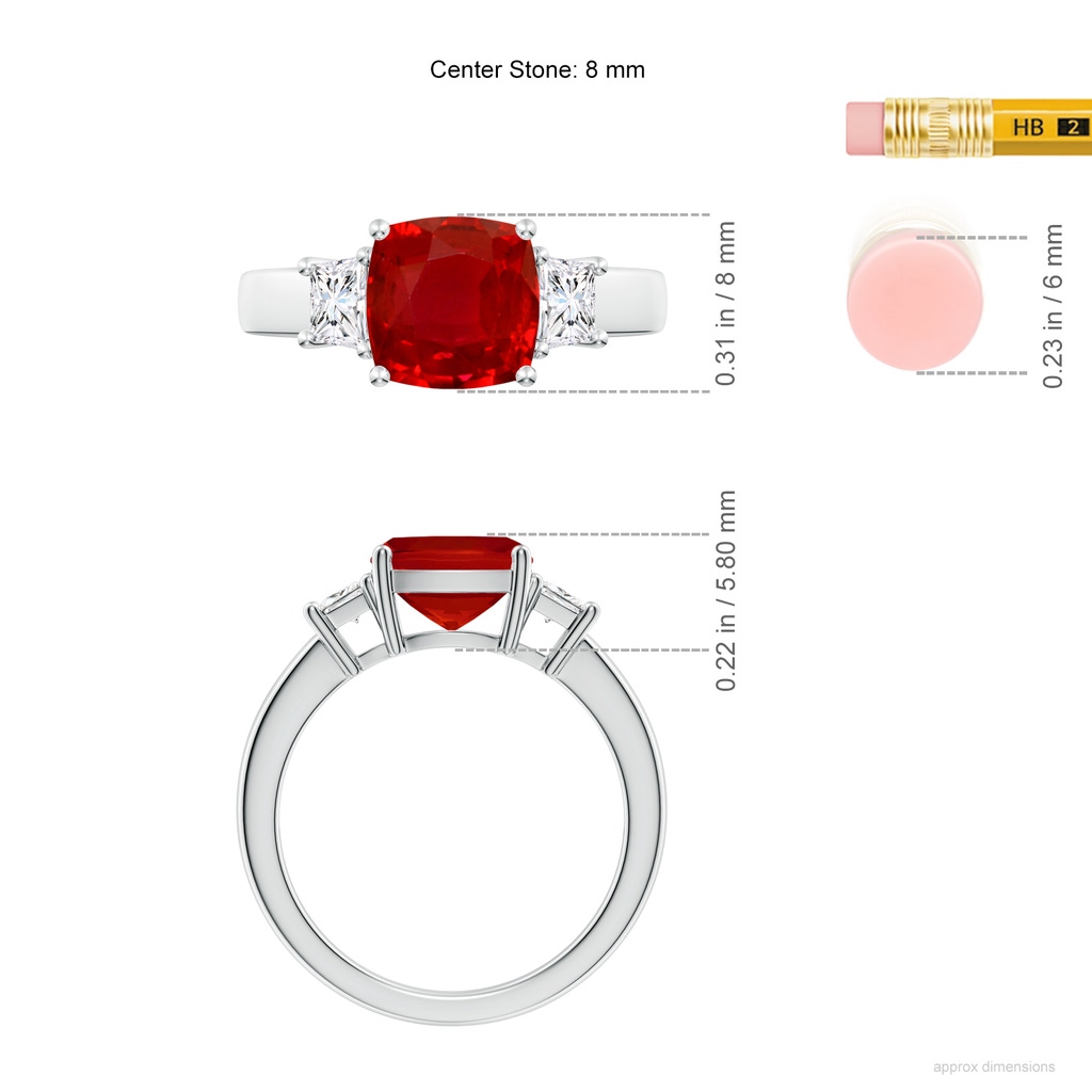 8mm AAA Classic Cushion Ruby and Trapezoid Diamond Three Stone Engagement Ring in White Gold ruler