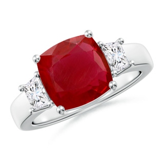 9mm AA Classic Cushion Ruby and Trapezoid Diamond Three Stone Engagement Ring in P950 Platinum