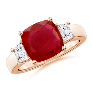9mm AA Classic Cushion Ruby and Trapezoid Diamond Three Stone Engagement Ring in Rose Gold