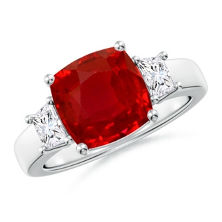 9mm AAA Classic Cushion Ruby and Trapezoid Diamond Three Stone Engagement Ring in P950 Platinum