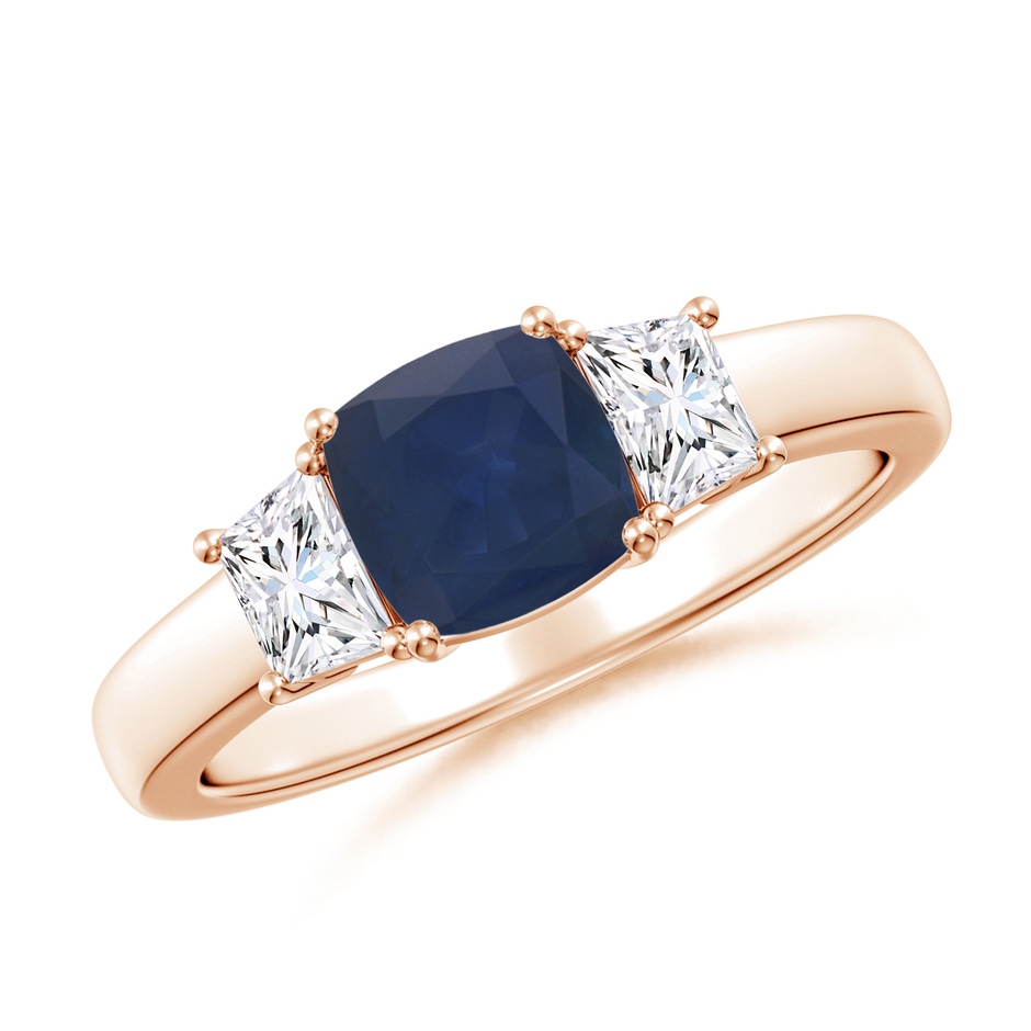 6mm A Classic Cushion Blue Sapphire and Trapezoid Diamond Three Stone Engagement Ring in Rose Gold 