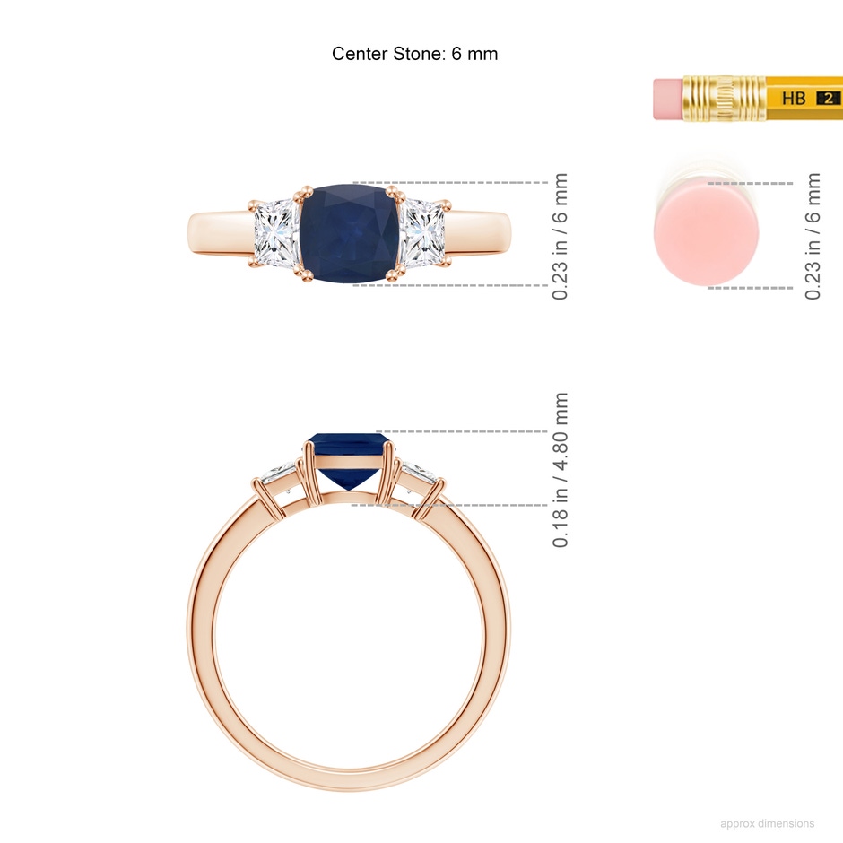 6mm A Classic Cushion Blue Sapphire and Trapezoid Diamond Three Stone Engagement Ring in Rose Gold ruler