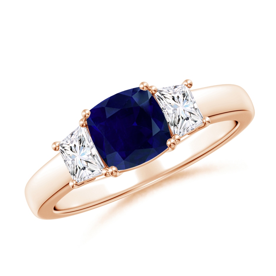 6mm AA Classic Cushion Blue Sapphire and Trapezoid Diamond Three Stone Engagement Ring in Rose Gold 