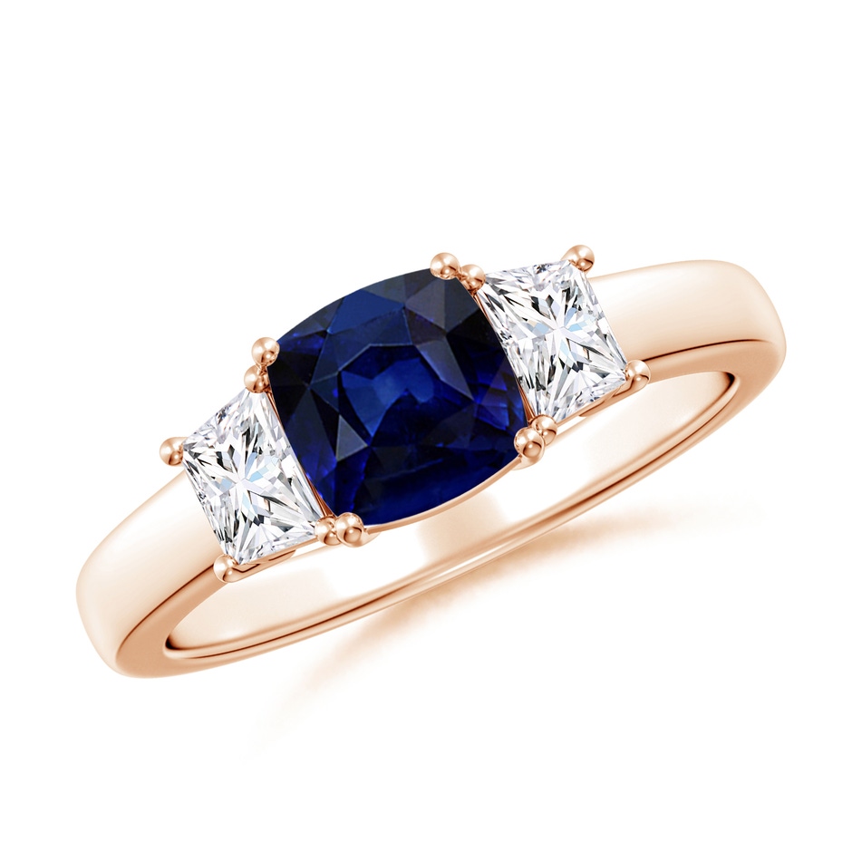 6mm AAA Classic Cushion Blue Sapphire and Trapezoid Diamond Three Stone Engagement Ring in 18K Rose Gold 