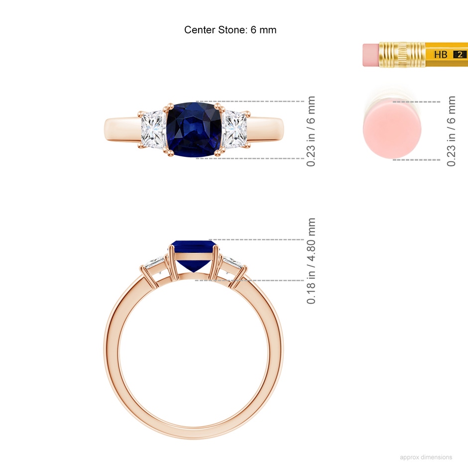 6mm AAA Classic Cushion Blue Sapphire and Trapezoid Diamond Three Stone Engagement Ring in 18K Rose Gold ruler