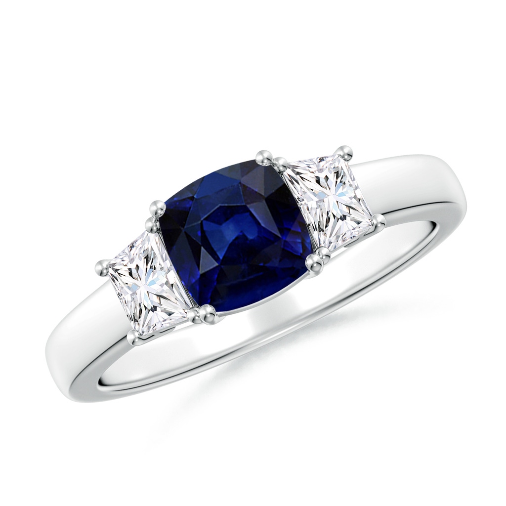 6mm AAA Classic Cushion Blue Sapphire and Trapezoid Diamond Three Stone Engagement Ring in White Gold