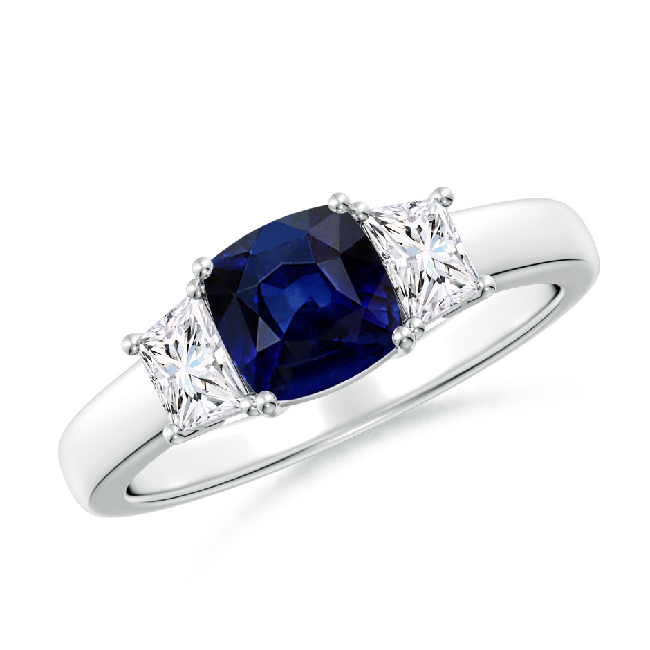 6mm AAA Classic Cushion Blue Sapphire and Trapezoid Diamond Three Stone Engagement Ring in White Gold 