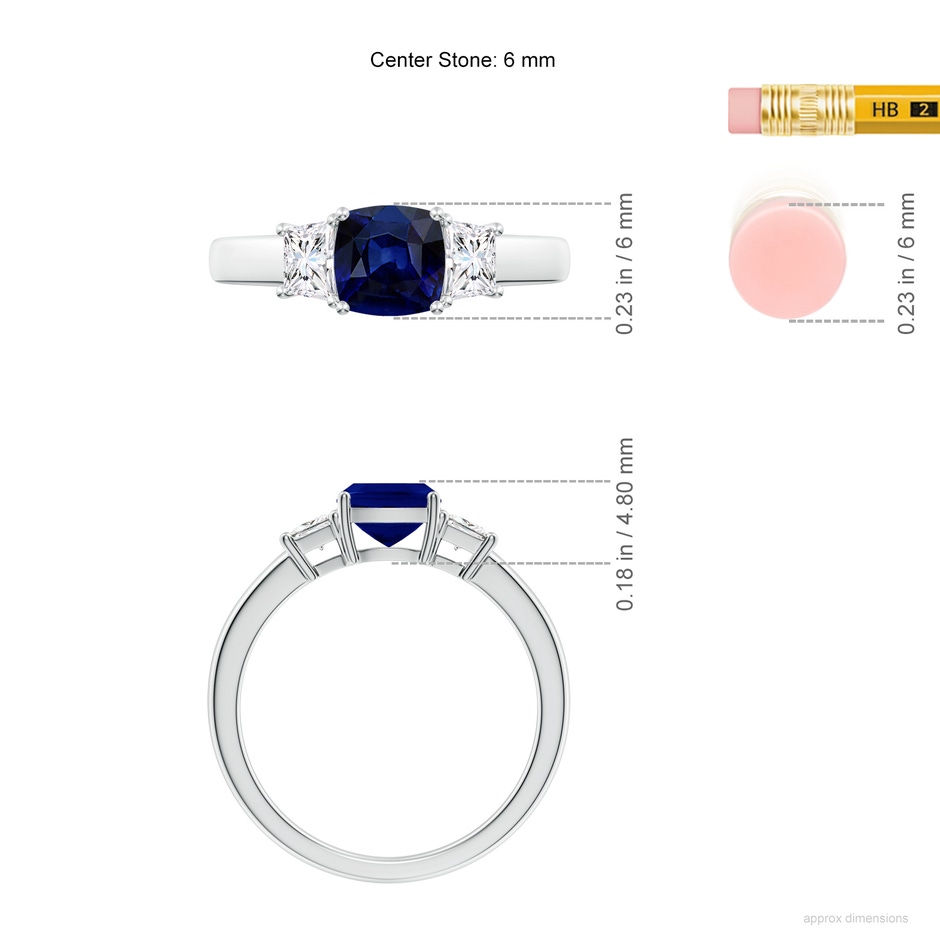 6mm AAA Classic Cushion Blue Sapphire and Trapezoid Diamond Three Stone Engagement Ring in White Gold ruler