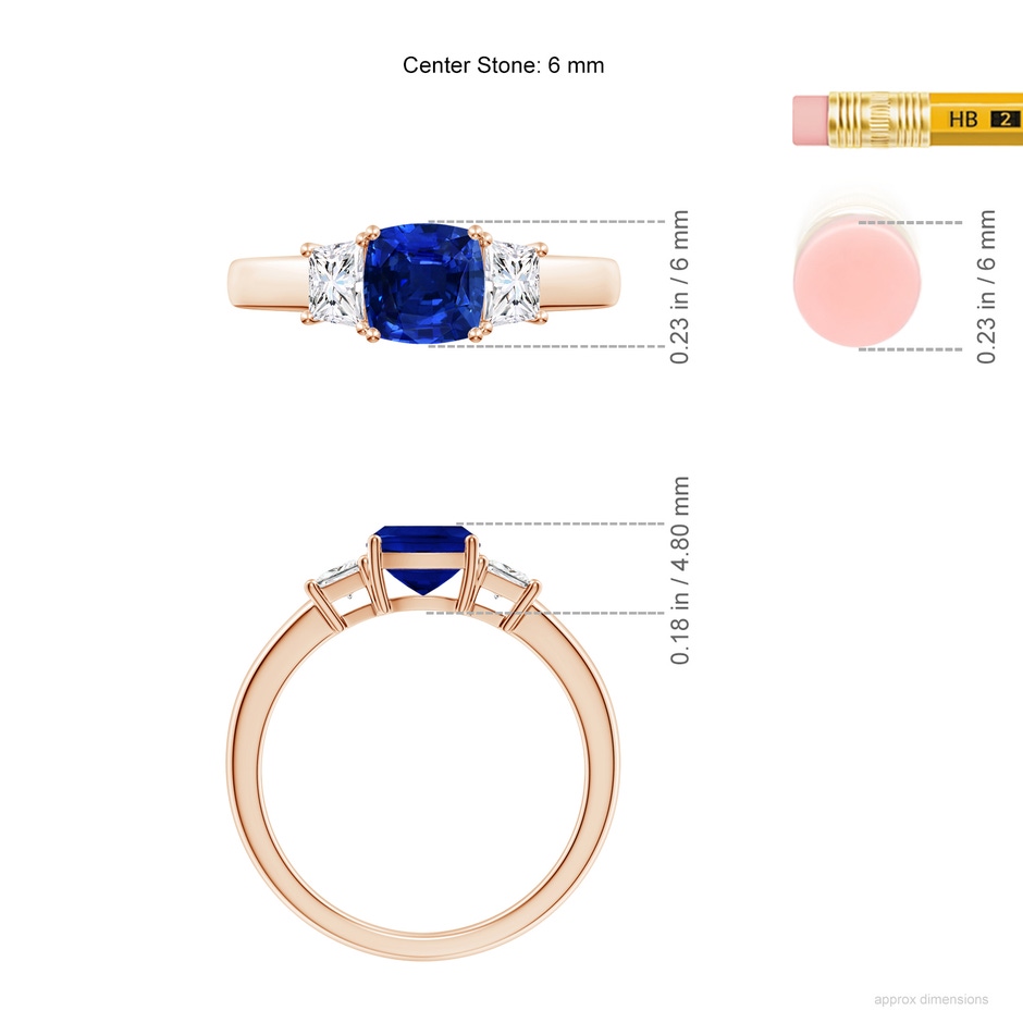 6mm AAAA Classic Cushion Blue Sapphire and Trapezoid Diamond Three Stone Engagement Ring in 18K Rose Gold ruler