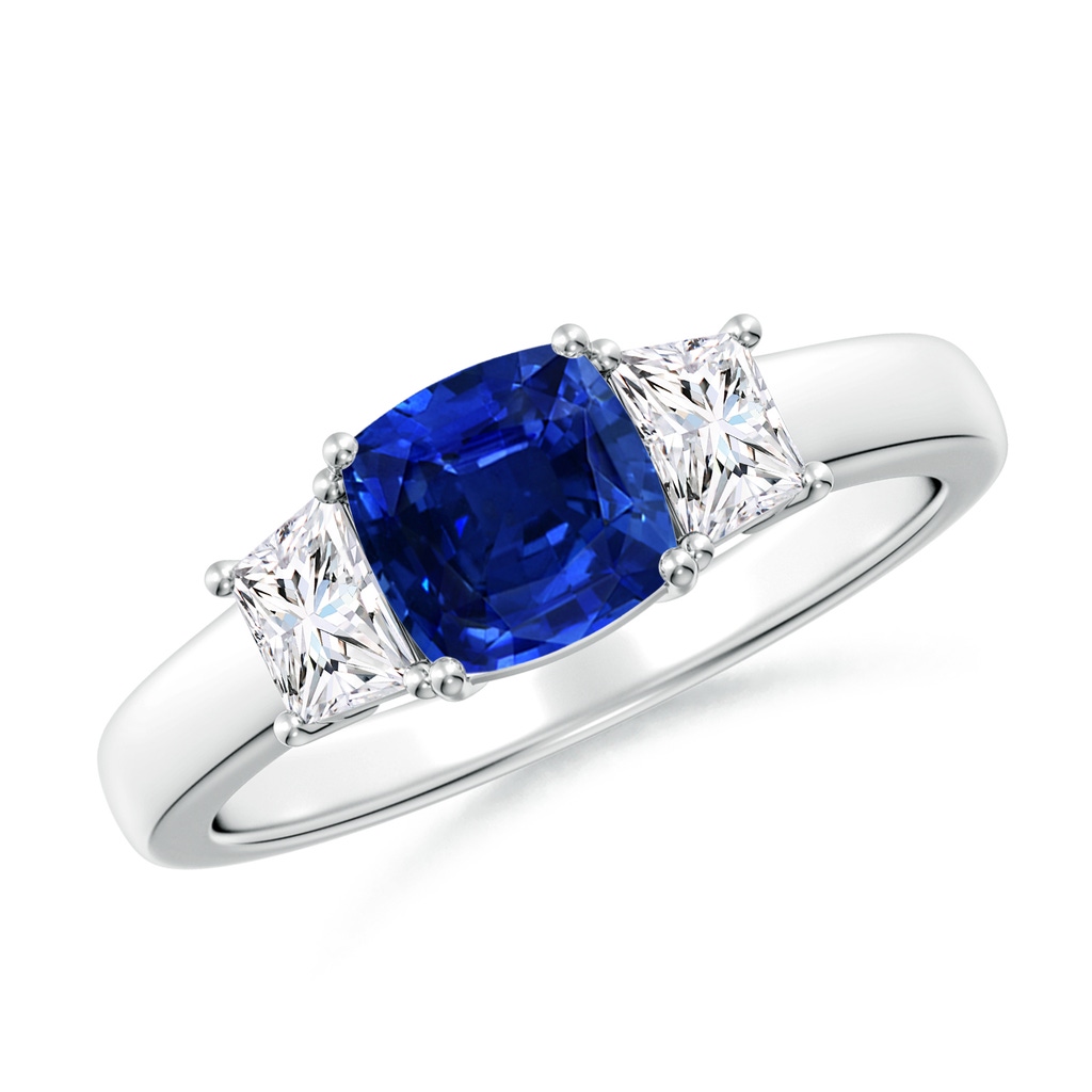 6mm Lab-Grown Classic Cushion Blue Sapphire and Trapezoid Diamond Three Stone Engagement Ring in 18K White Gold