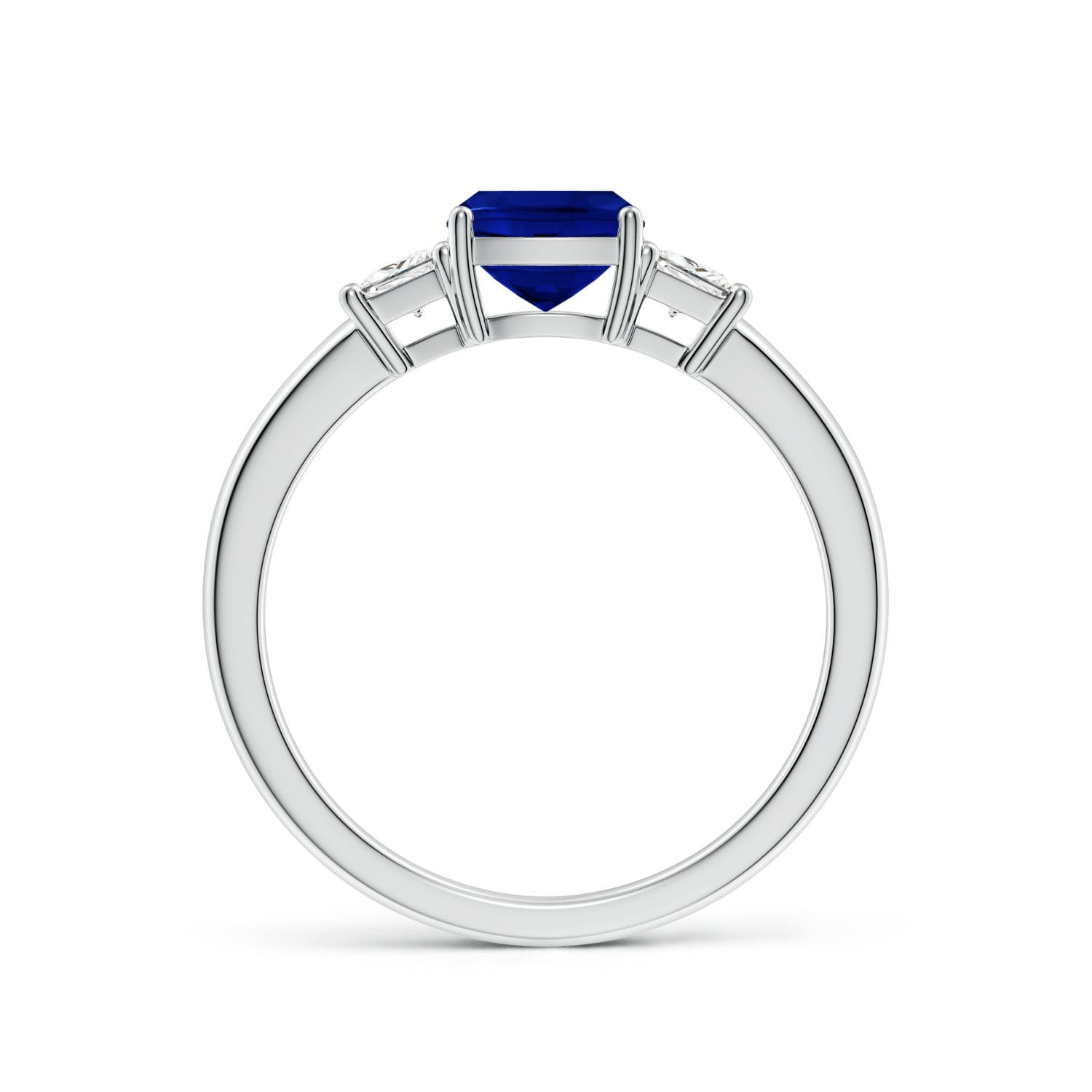 6mm AAAA Classic Cushion Blue Sapphire and Trapezoid Diamond Three Stone Engagement Ring in 18K White Gold - side 2