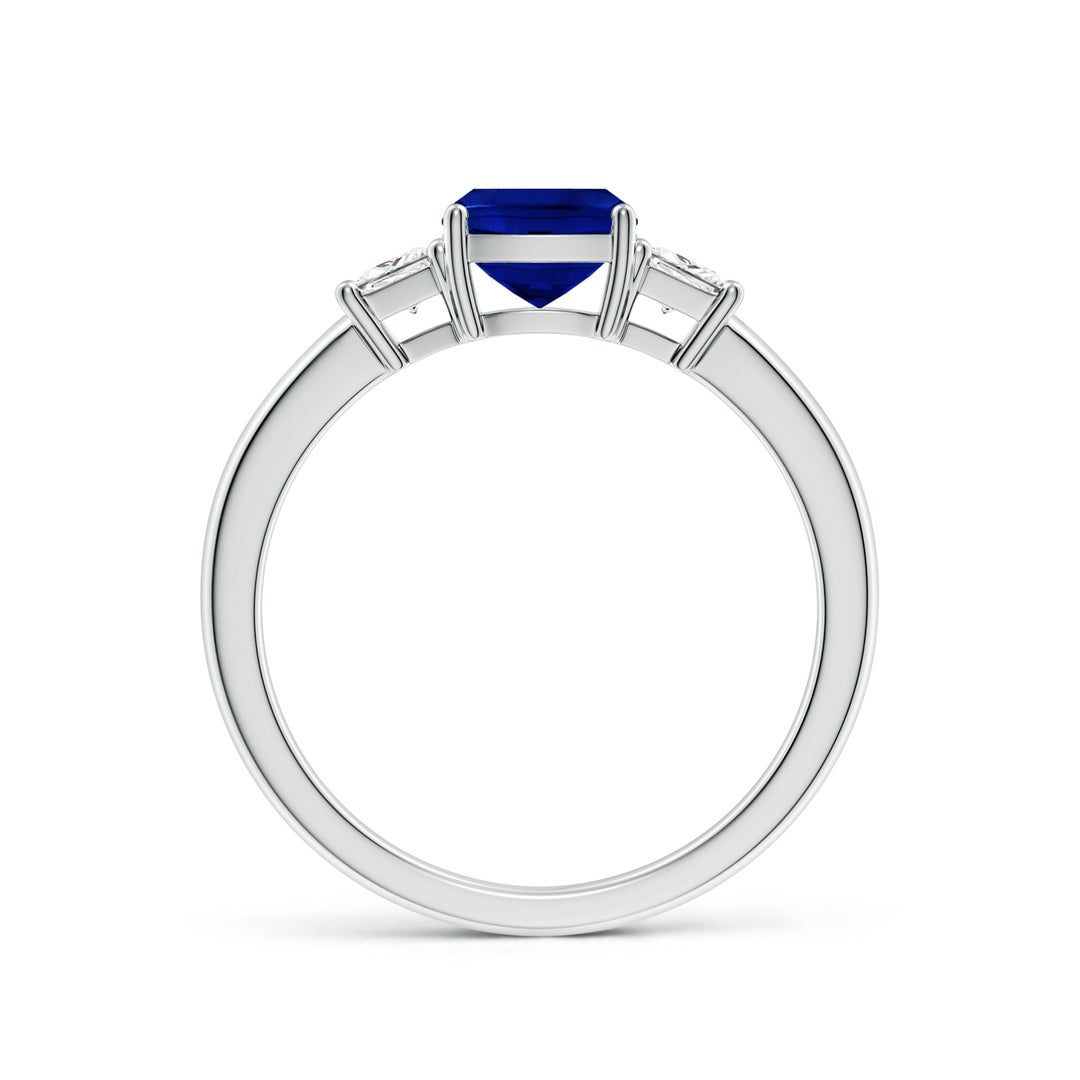 6mm AAAA Classic Cushion Blue Sapphire and Trapezoid Diamond Three Stone Engagement Ring in 18K White Gold - side 2