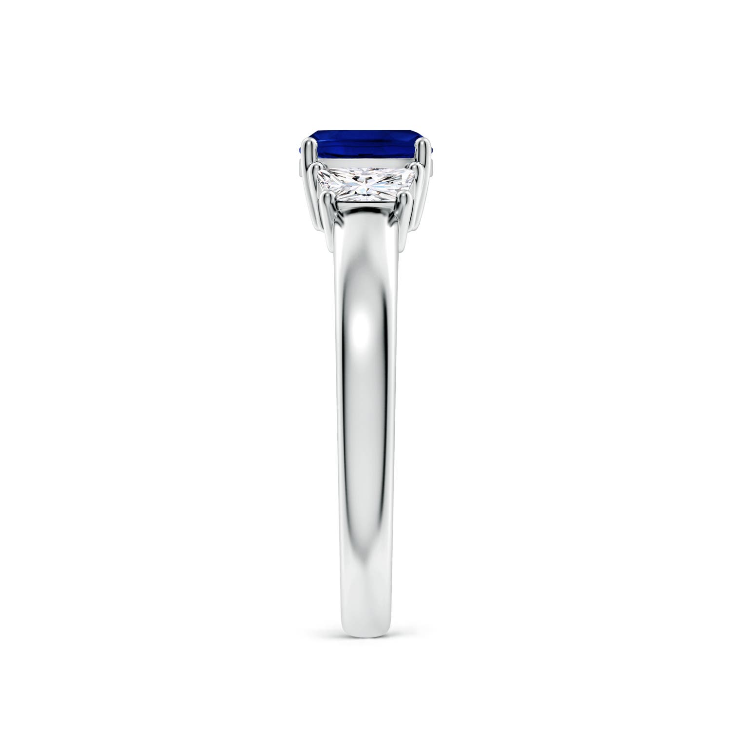 6mm AAAA Classic Cushion Blue Sapphire and Trapezoid Diamond Three Stone Engagement Ring in 18K White Gold - side 3