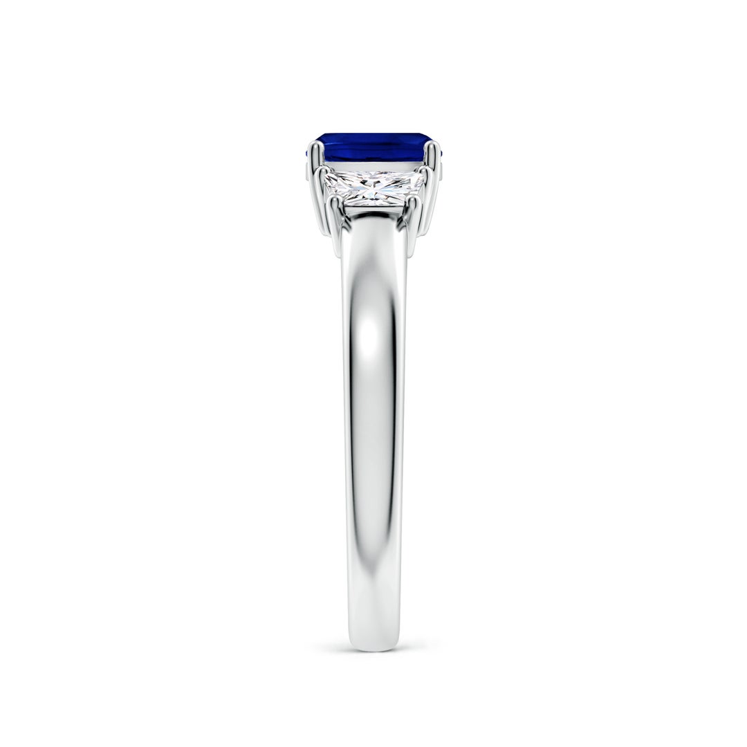 6mm AAAA Classic Cushion Blue Sapphire and Trapezoid Diamond Three Stone Engagement Ring in 18K White Gold - side 3