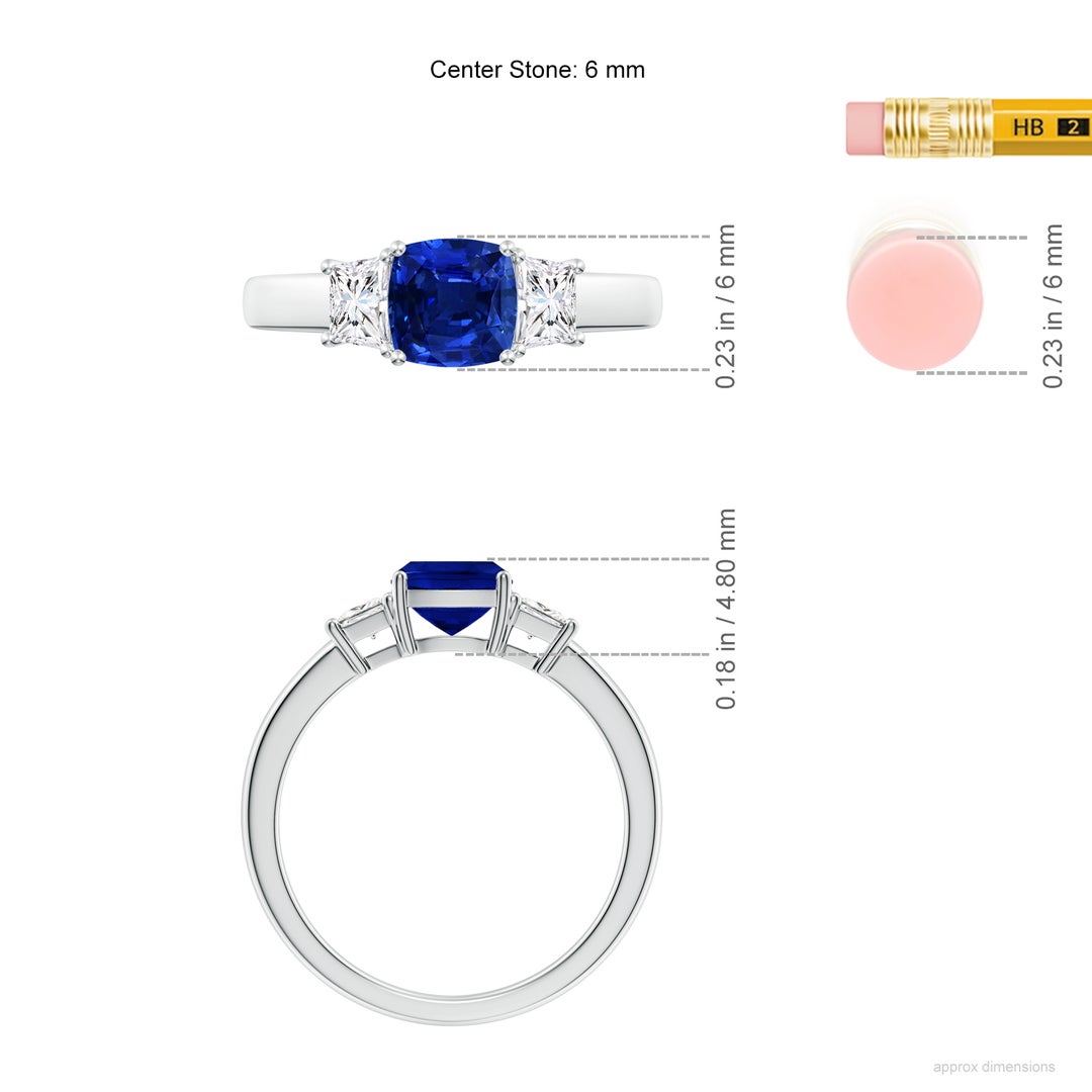 6mm AAAA Classic Cushion Blue Sapphire and Trapezoid Diamond Three Stone Engagement Ring in 18K White Gold - ruler