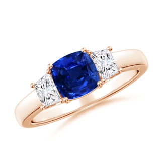 6mm AAAA Classic Cushion Blue Sapphire and Trapezoid Diamond Three Stone Engagement Ring in Rose Gold