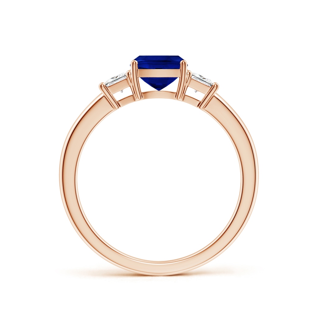 6mm AAAA Classic Cushion Blue Sapphire and Trapezoid Diamond Three Stone Engagement Ring in Rose Gold - side 199