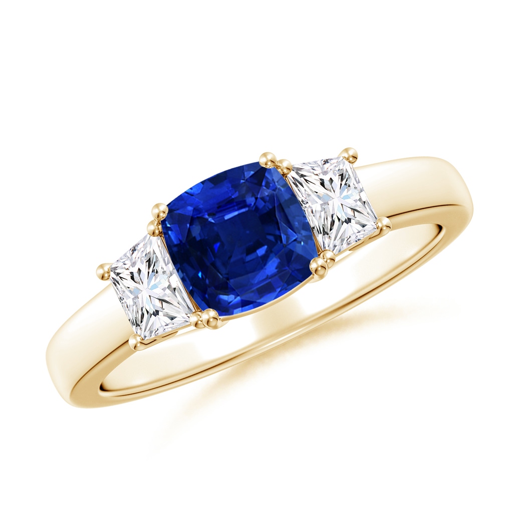 6mm AAAA Classic Cushion Blue Sapphire and Trapezoid Diamond Three Stone Engagement Ring in Yellow Gold