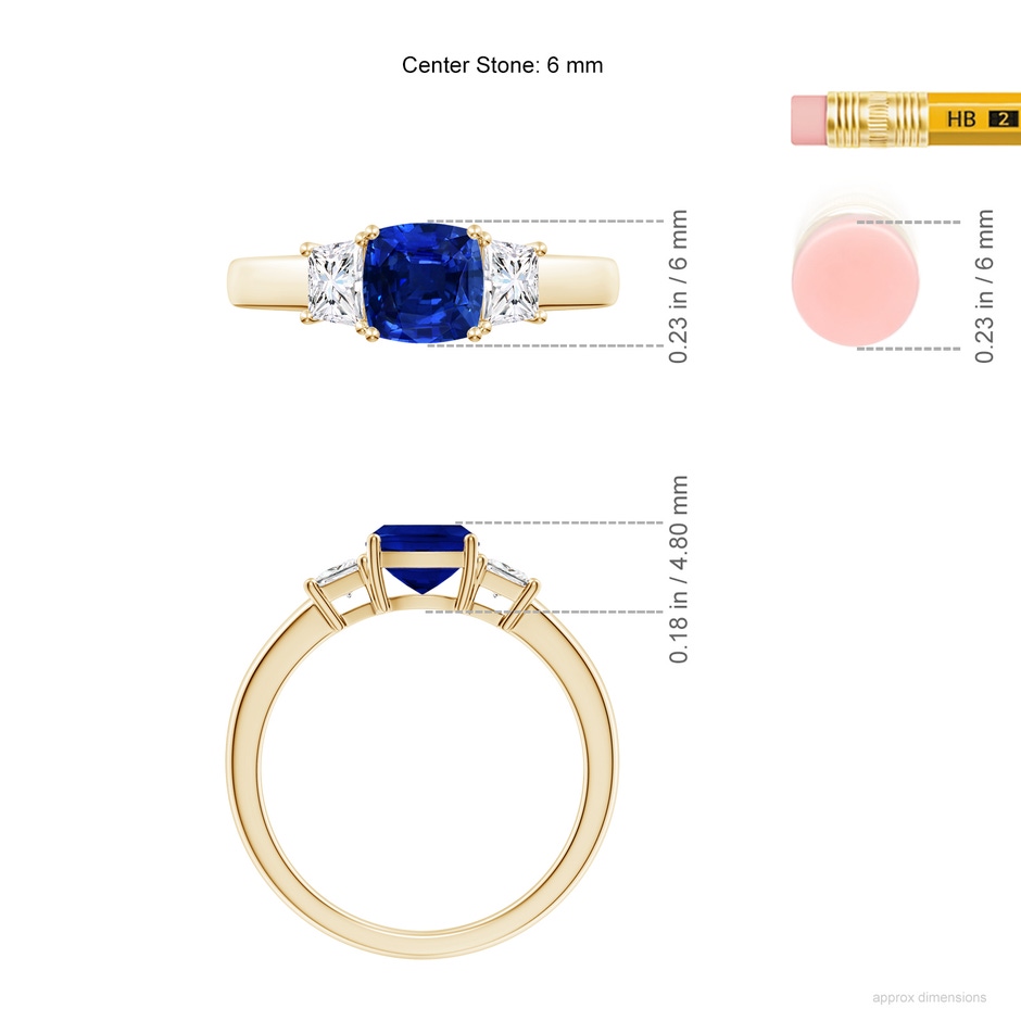 6mm Lab-Grown Classic Cushion Blue Sapphire and Trapezoid Diamond Three Stone Engagement Ring in Yellow Gold ruler