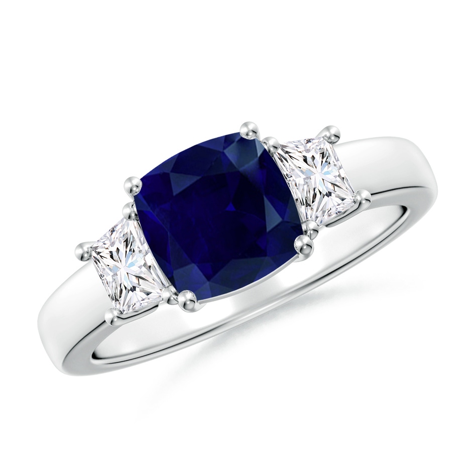 7mm AA Classic Cushion Blue Sapphire and Trapezoid Diamond Three Stone Engagement Ring in P950 Platinum 