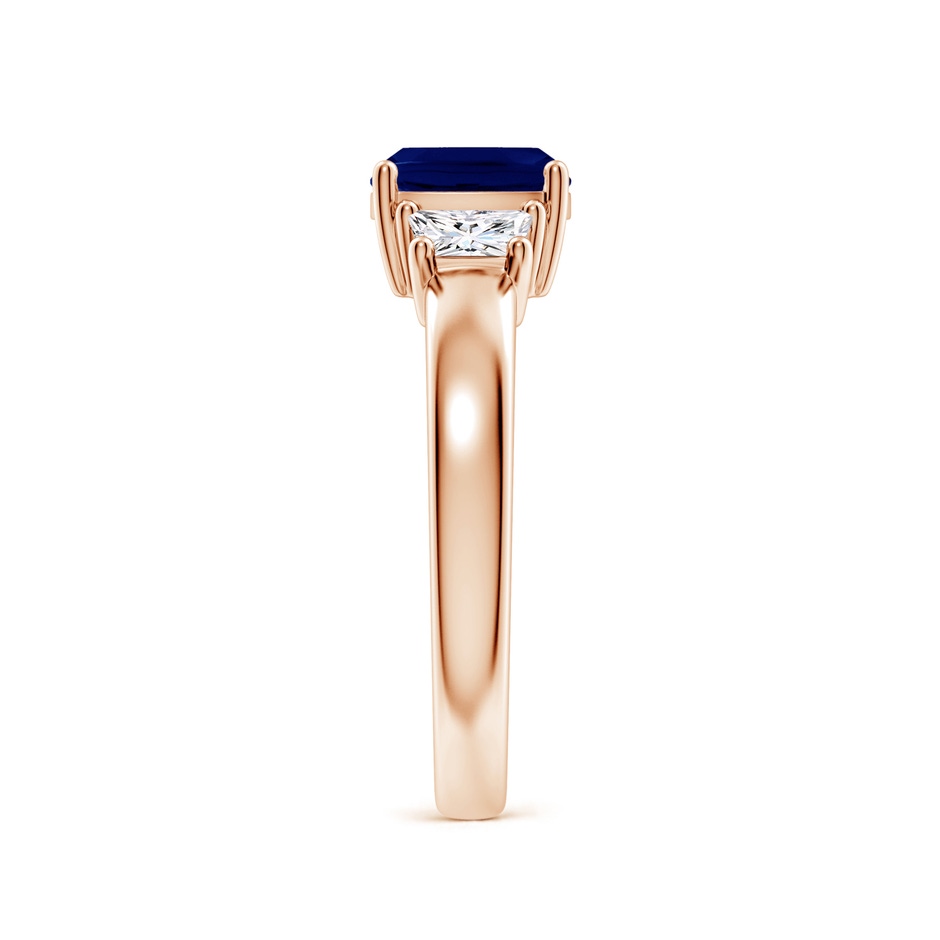 7mm AA Classic Cushion Blue Sapphire and Trapezoid Diamond Three Stone Engagement Ring in Rose Gold side 299