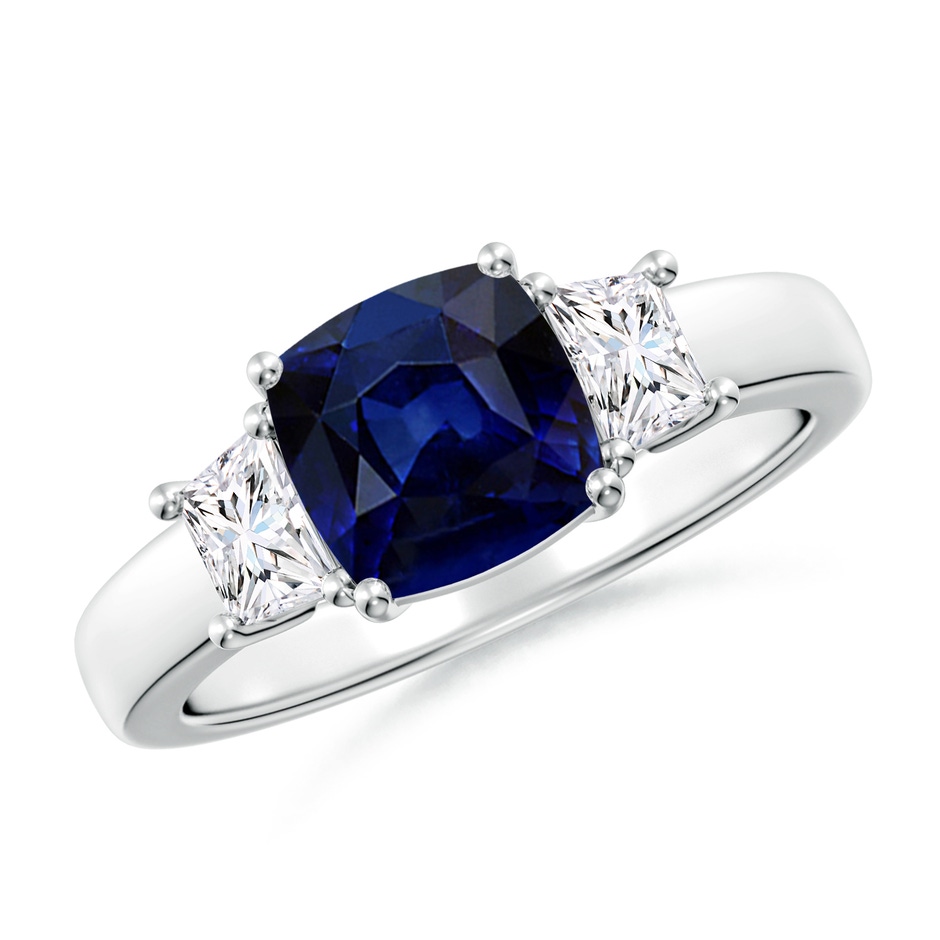 7mm AAA Classic Cushion Blue Sapphire and Trapezoid Diamond Three Stone Engagement Ring in P950 Platinum 
