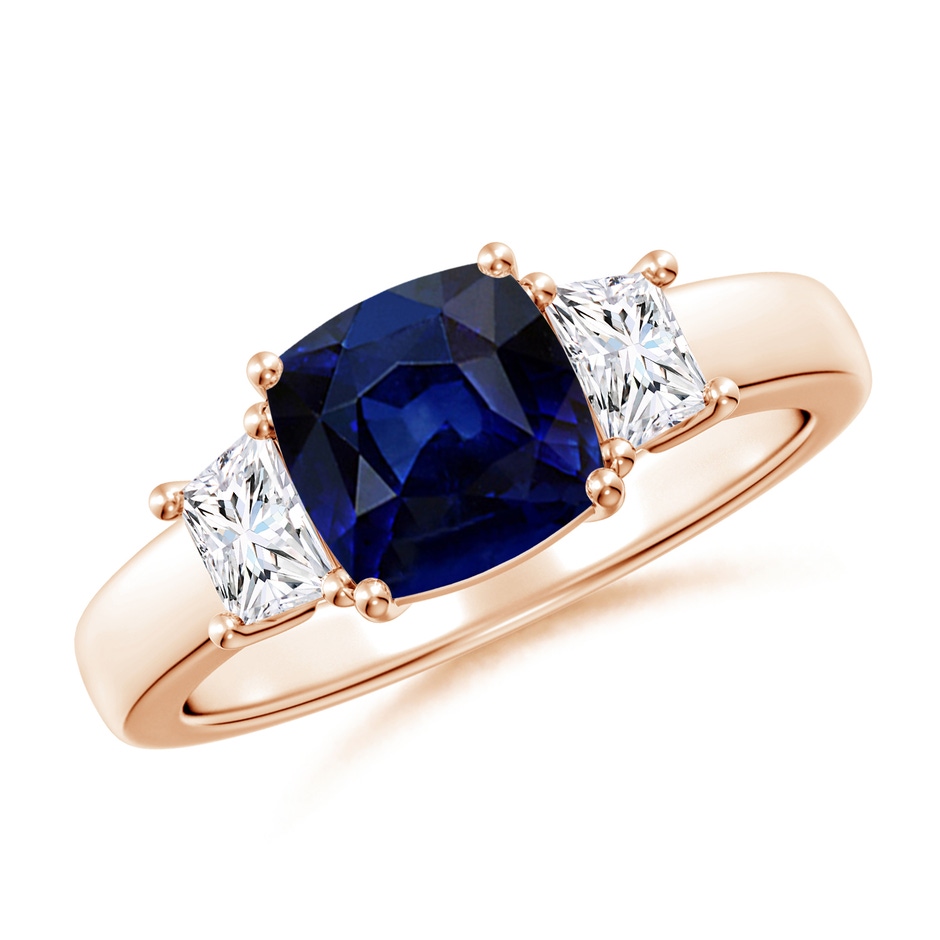 7mm AAA Classic Cushion Blue Sapphire and Trapezoid Diamond Three Stone Engagement Ring in Rose Gold 